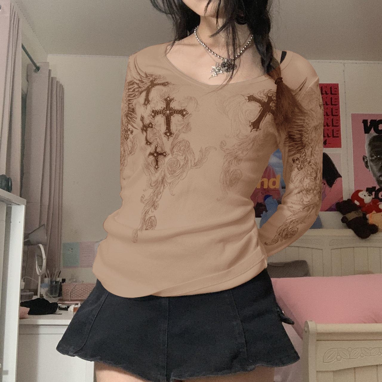 C0171 2023 Spring Cross Print Round Neck Long Sleeve T-Shirt for Women