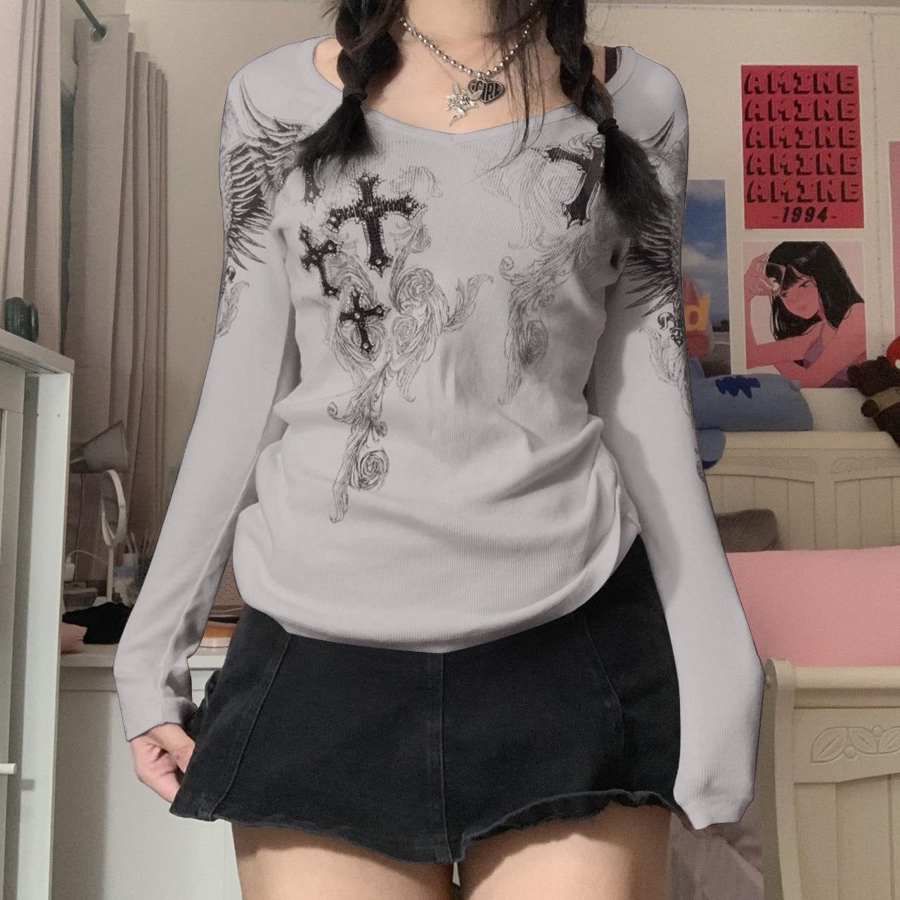 C0171 2023 Spring Cross Print Round Neck Long Sleeve T-Shirt for Women