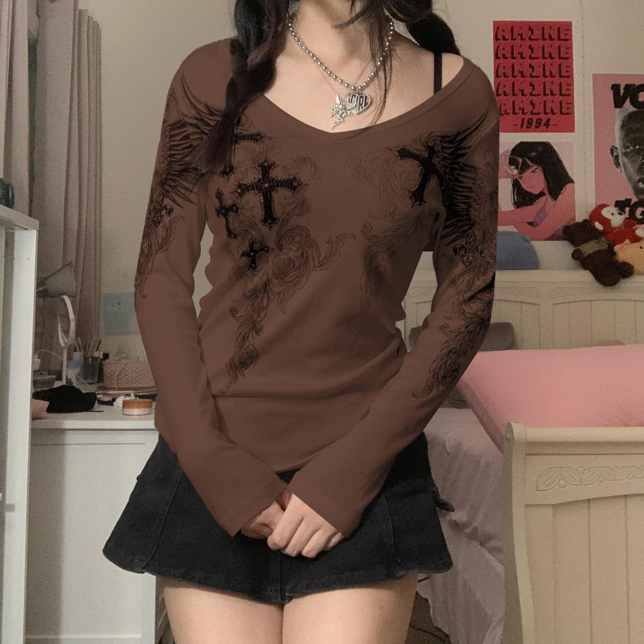 C0171 2023 Spring Cross Print Round Neck Long Sleeve T-Shirt for Women