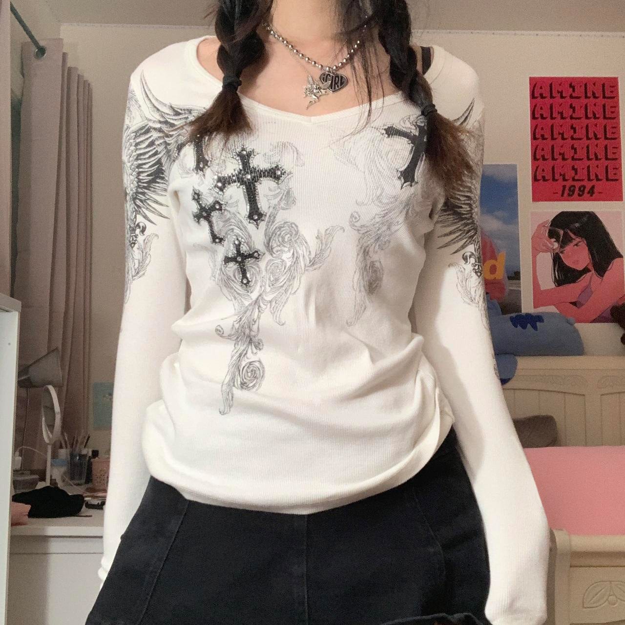 C0171 2023 Spring Cross Print Round Neck Long Sleeve T-Shirt for Women