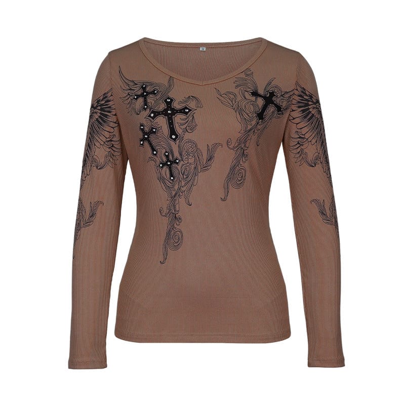 C0171 2023 Spring Cross Print Round Neck Long Sleeve T-Shirt for Women
