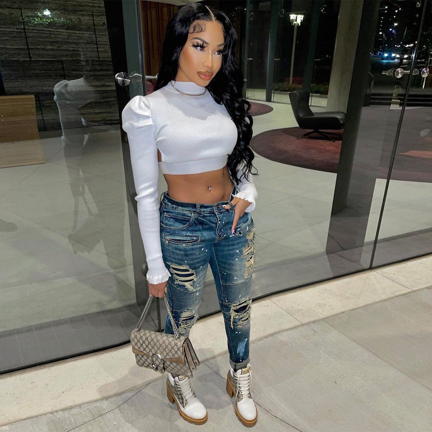 C0276 White dot graffiti printing zipper hole patch fashion sexy skinny denim jeans  pants women