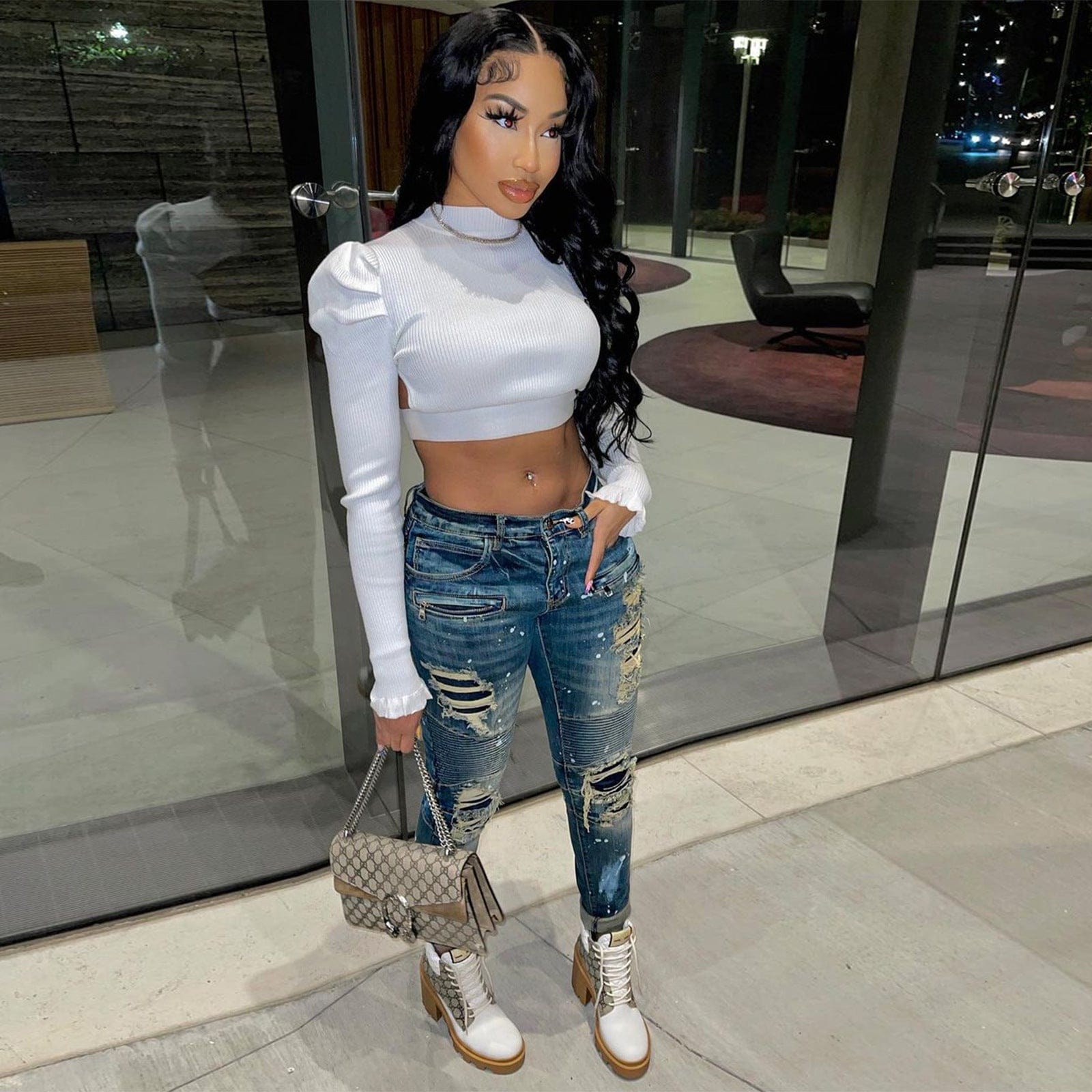 C0276 White dot graffiti printing zipper hole patch fashion sexy skinny denim jeans  pants women