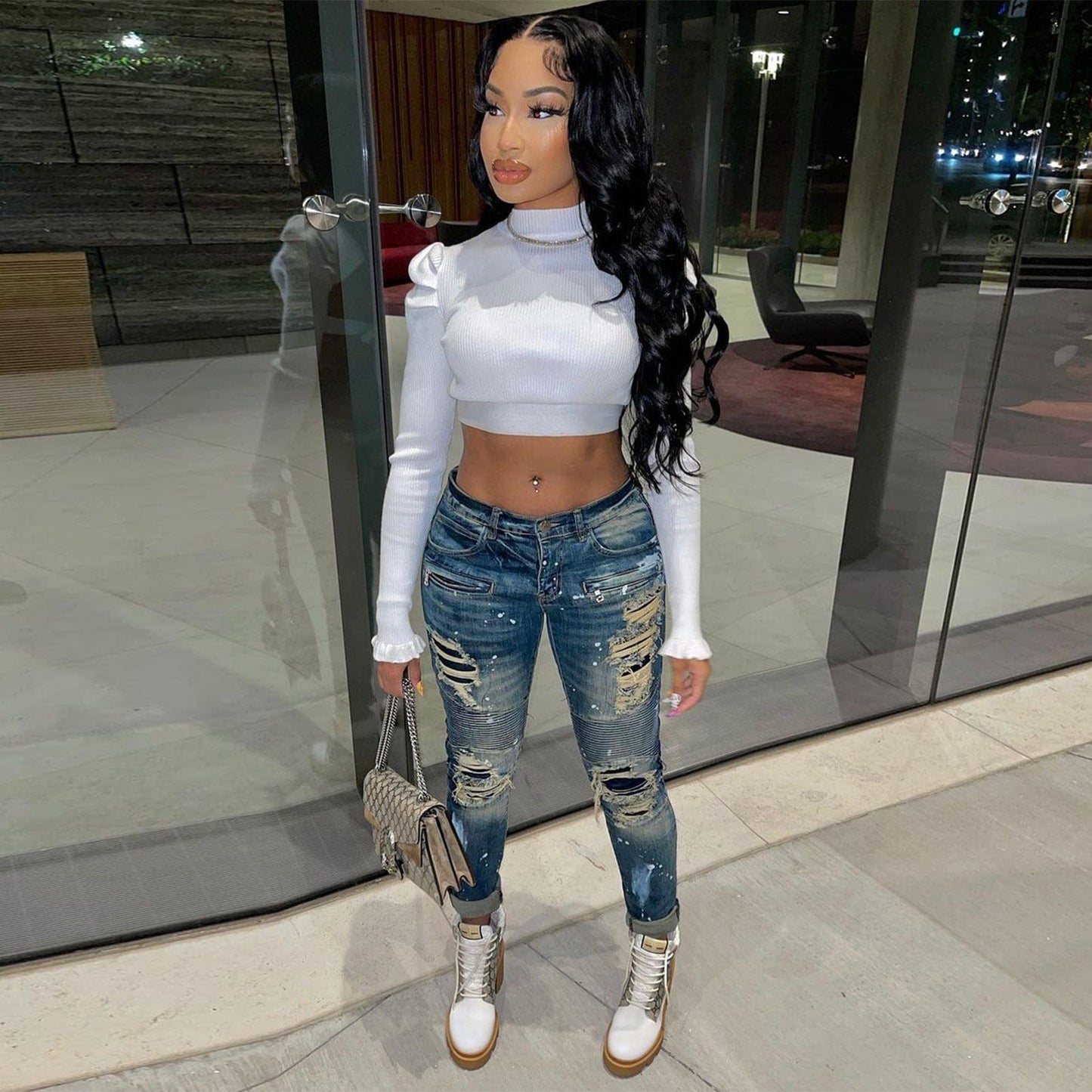 C0276 White dot graffiti printing zipper hole patch fashion sexy skinny denim jeans  pants women