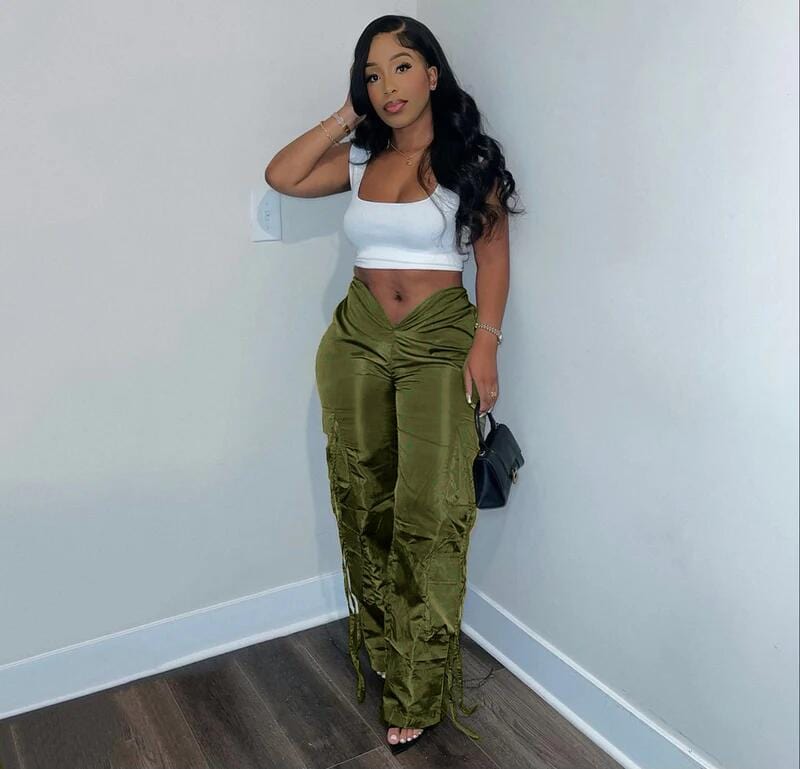 C0559 Solid zipper closure strap green casual working trousers women