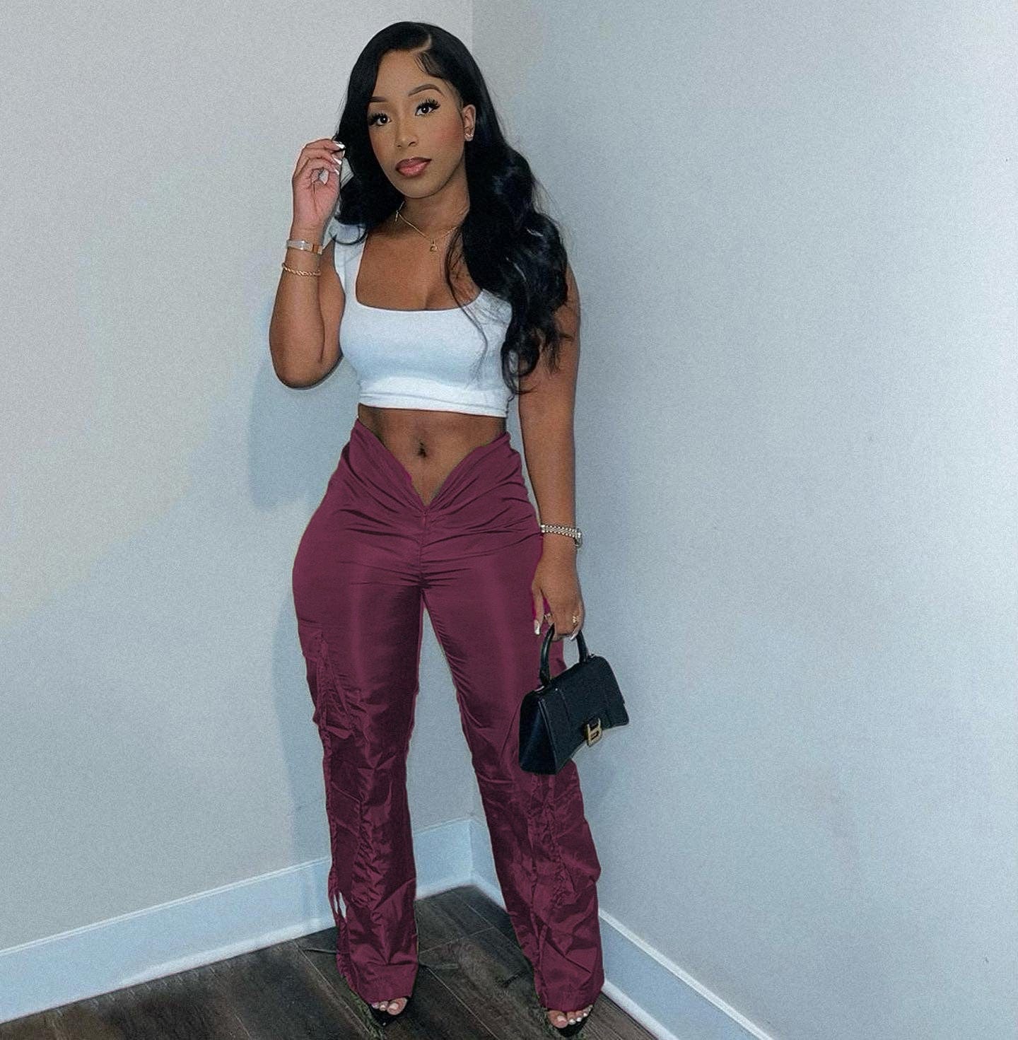 C0559 Solid zipper closure strap green casual working trousers women