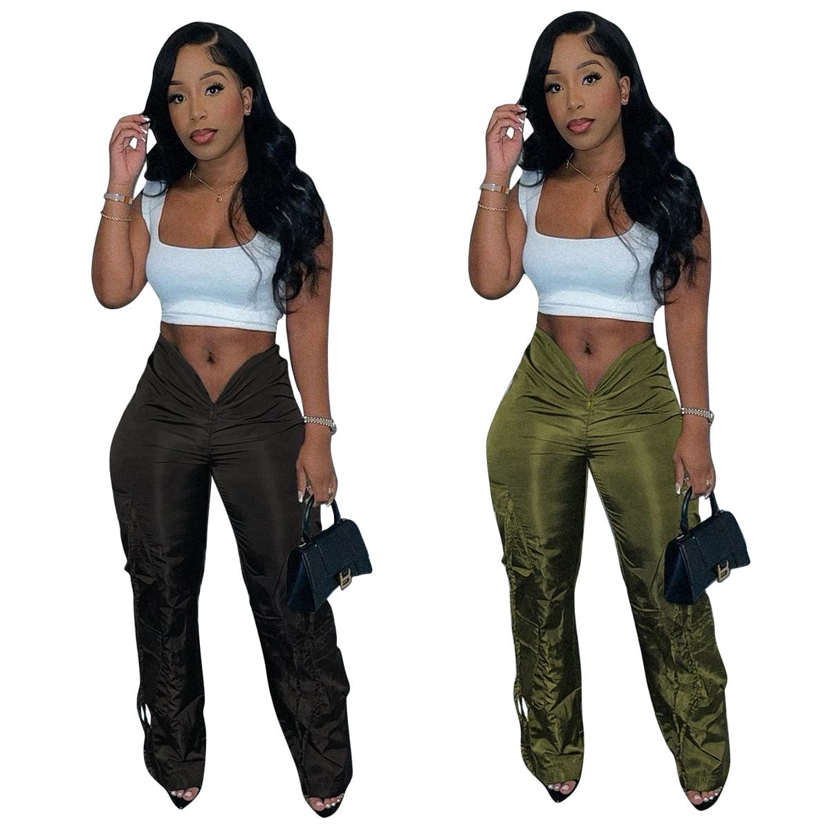 C0559 Solid zipper closure strap green casual working trousers women