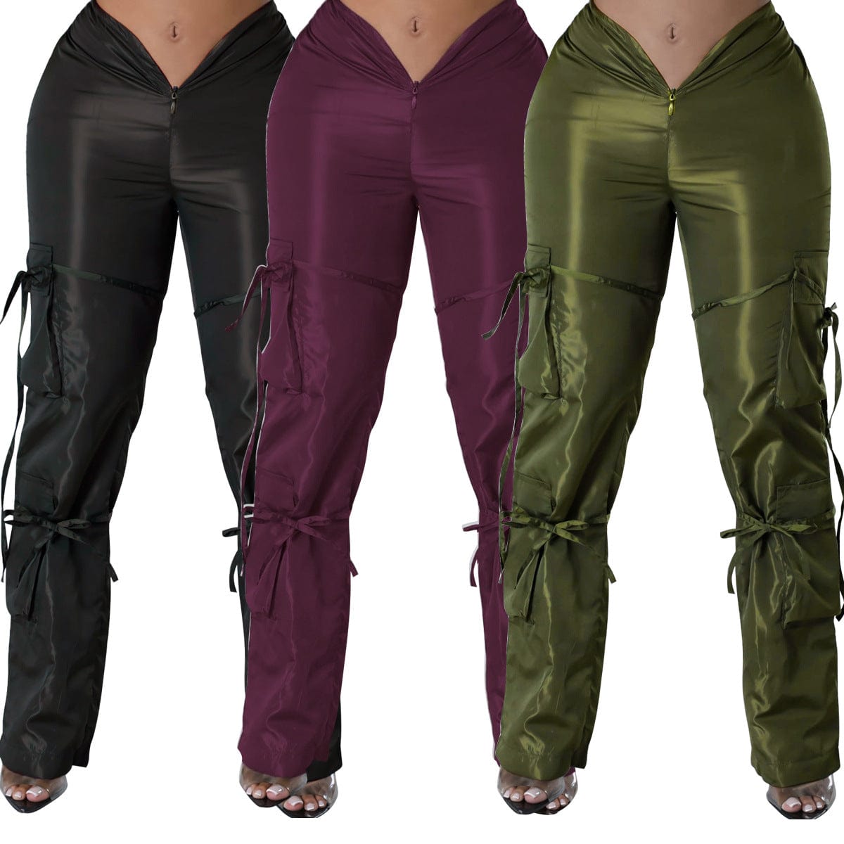 C0559 Solid zipper closure strap green casual working trousers women