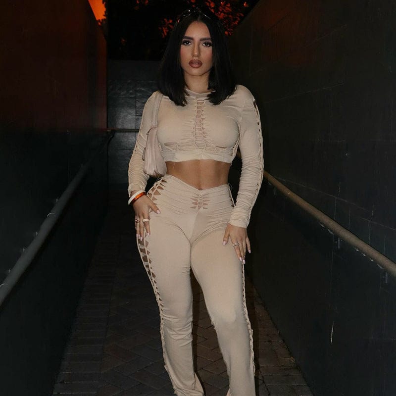 C0902 Wholesale Spring New Sexy Cutout Round Neck Long Sleeve Top Hollow Out Leggings Women Outfits Two Piece Set 2023