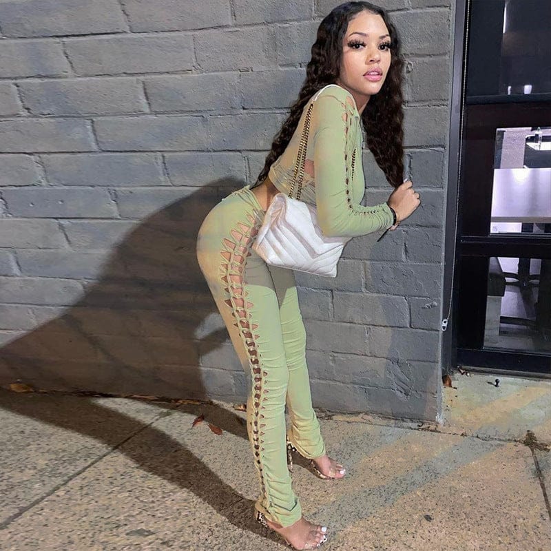 C0902 Wholesale Spring New Sexy Cutout Round Neck Long Sleeve Top Hollow Out Leggings Women Outfits Two Piece Set 2023