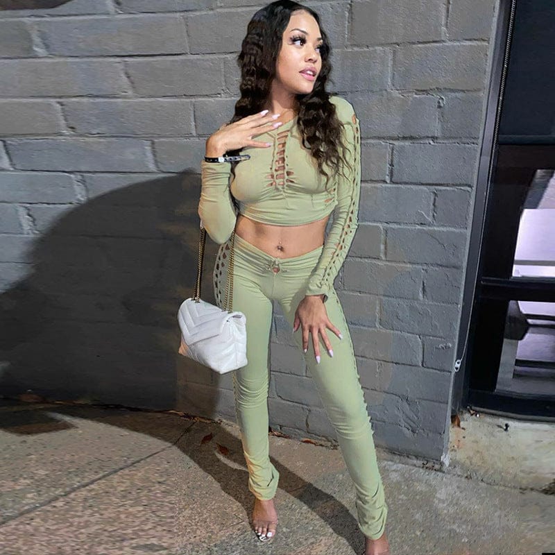 C0902 Wholesale Spring New Sexy Cutout Round Neck Long Sleeve Top Hollow Out Leggings Women Outfits Two Piece Set 2023