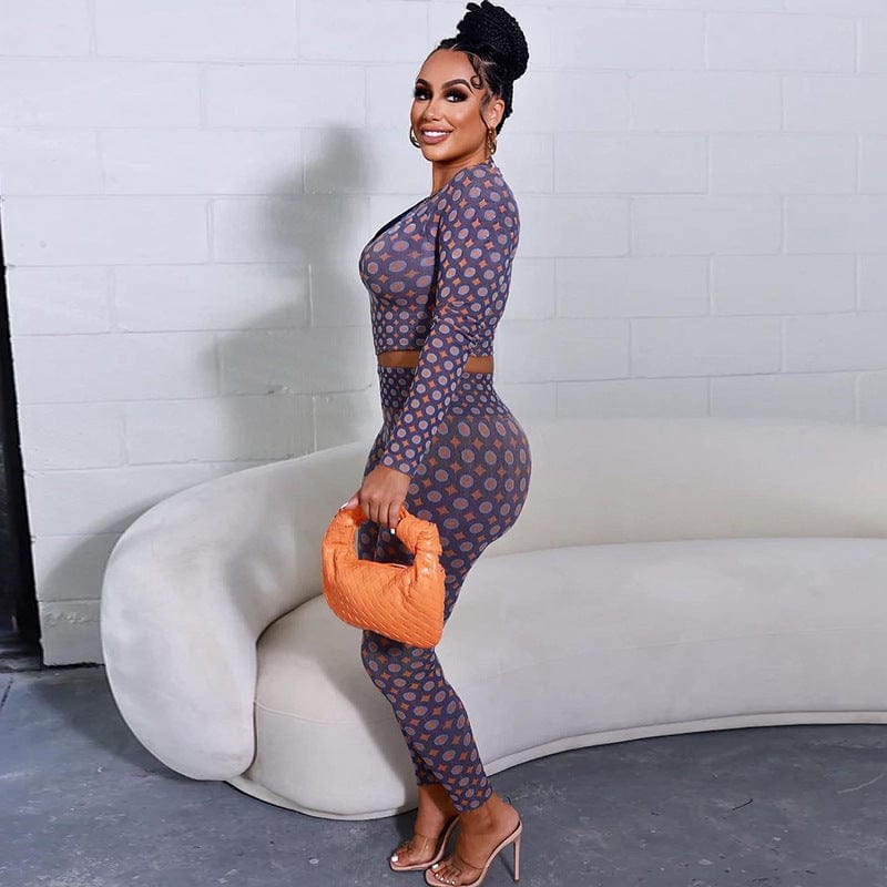 C0941 Spring 2023 New Fashion Irregular Print Long Sleeve Zipper Top Tight High Waist Two Piece Pants Set Women