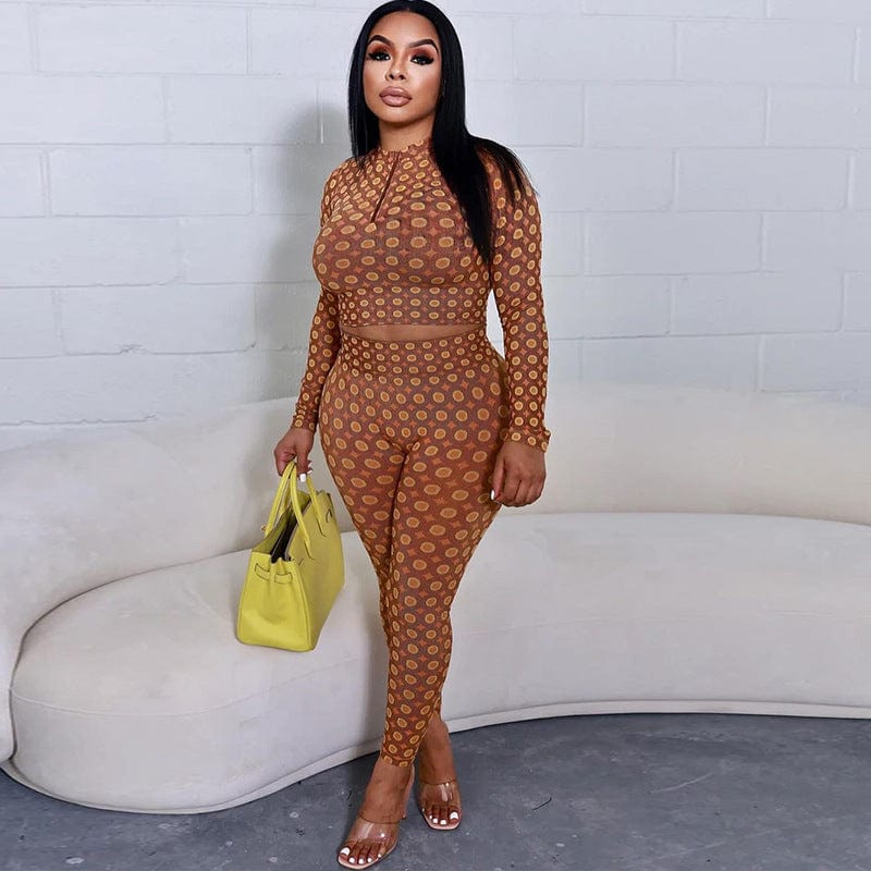 C0941 Spring 2023 New Fashion Irregular Print Long Sleeve Zipper Top Tight High Waist Two Piece Pants Set Women