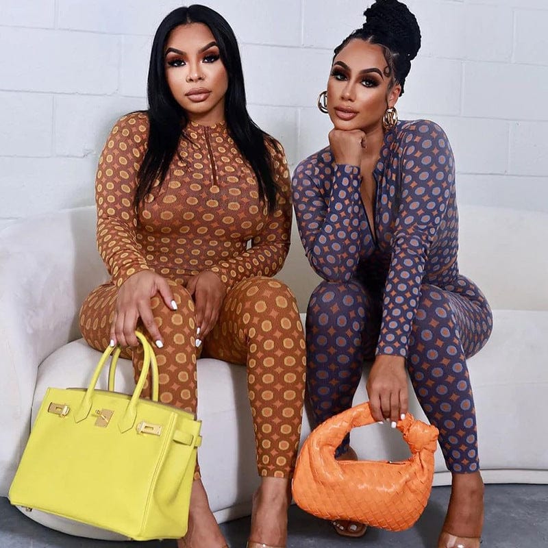 C0941 Spring 2023 New Fashion Irregular Print Long Sleeve Zipper Top Tight High Waist Two Piece Pants Set Women