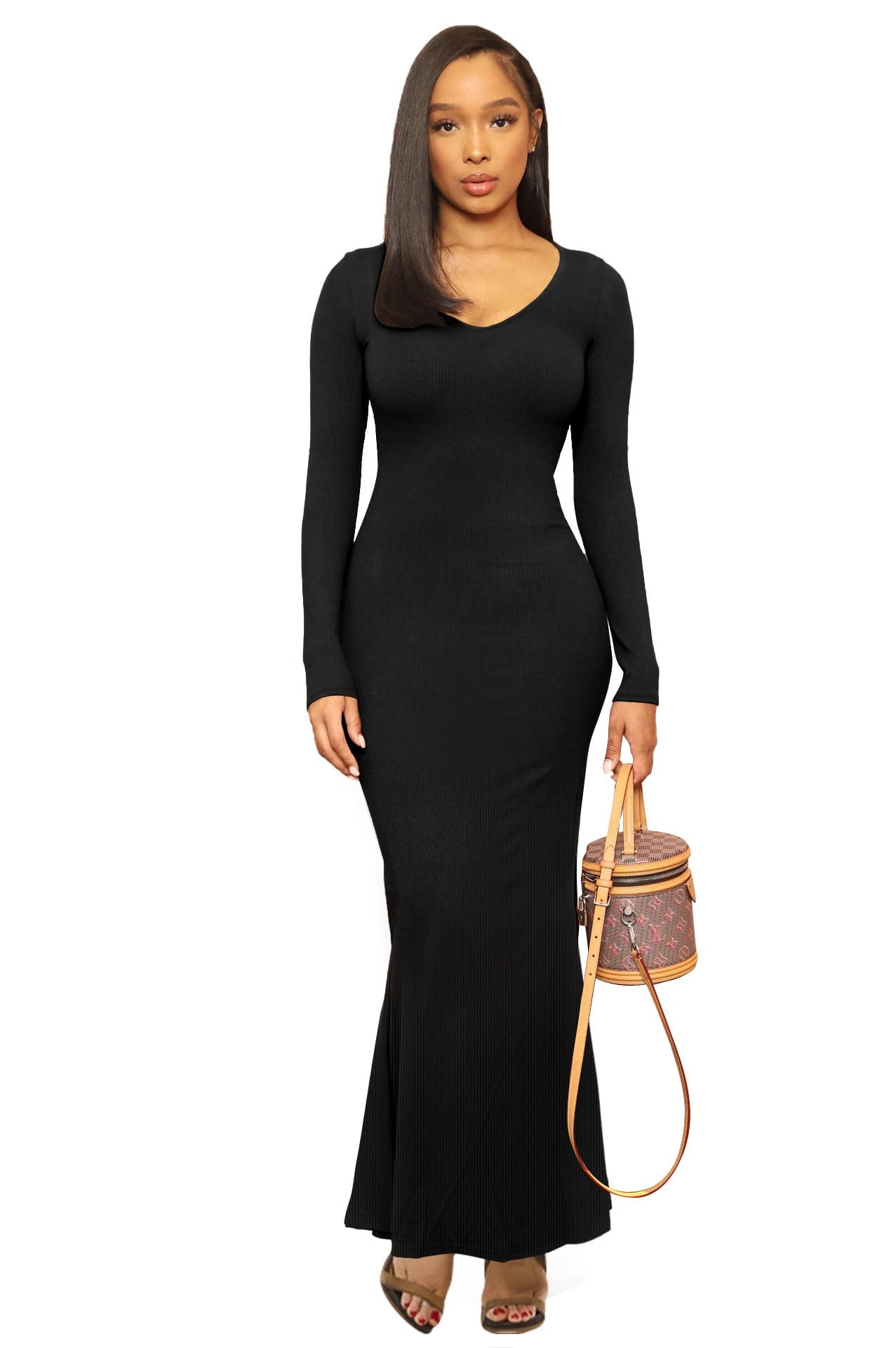 C1003TA66 Wholesale Price Solid Color V- Neck Long  Sleeve Casual Dress Women Sehe Fashion