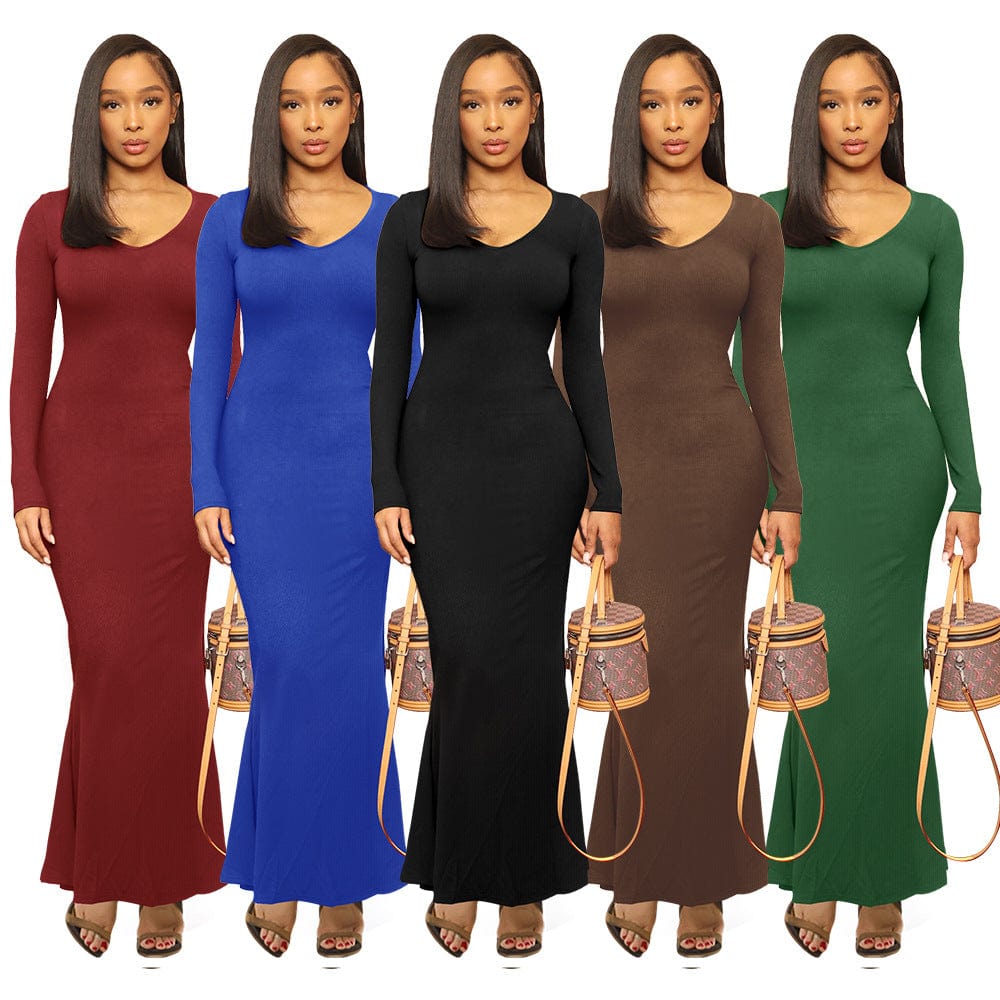 C1003TA66 Wholesale Price Solid Color V- Neck Long  Sleeve Casual Dress Women Sehe Fashion