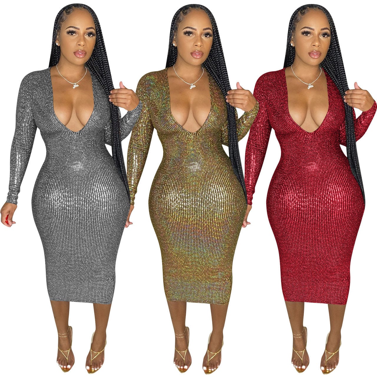C1101TA85 New Arrival Sexy Solid Color V Neck Sparkly Bodycon Club Dress Women Sehe Fashion
