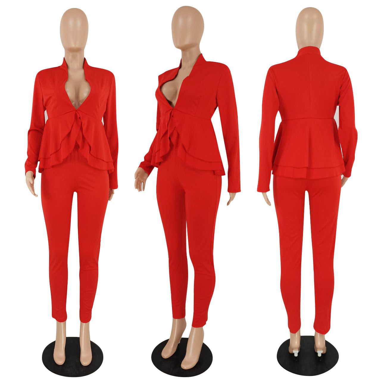 C1101TA91 Office Style Casual Deep V Solid Color Ruffles Two Piece Pants Set Women Sehe Fashion