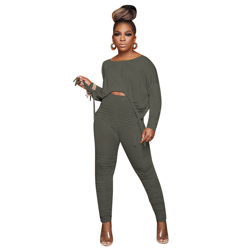 C1101TA92 Latest Casual Solid Color Irregular Crop Top Pleated Two Piece Pants Set Women Sehe Fashion