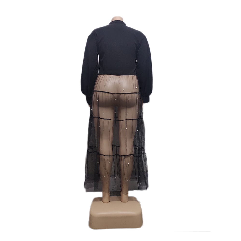 C1102ME20 Wholesale Plus Size Casual Solid Color Sheer Mesh Beaded Shirt Dress Women Sehe Fashion