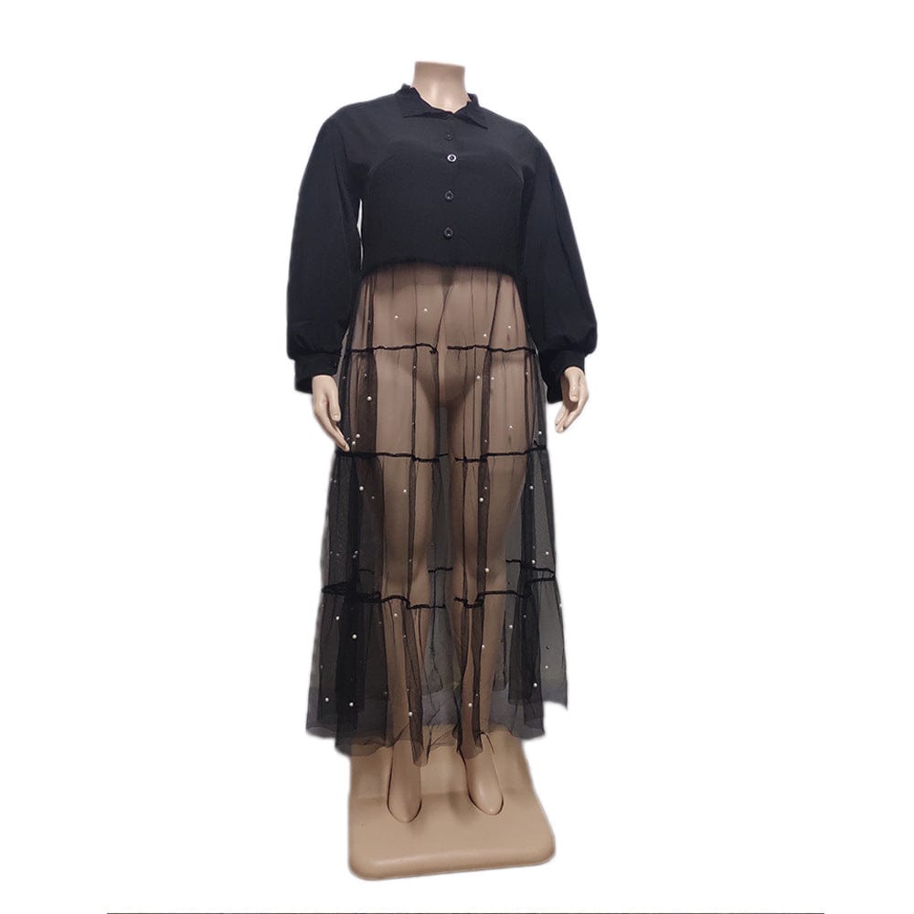 C1102ME20 Wholesale Plus Size Casual Solid Color Sheer Mesh Beaded Shirt Dress Women Sehe Fashion