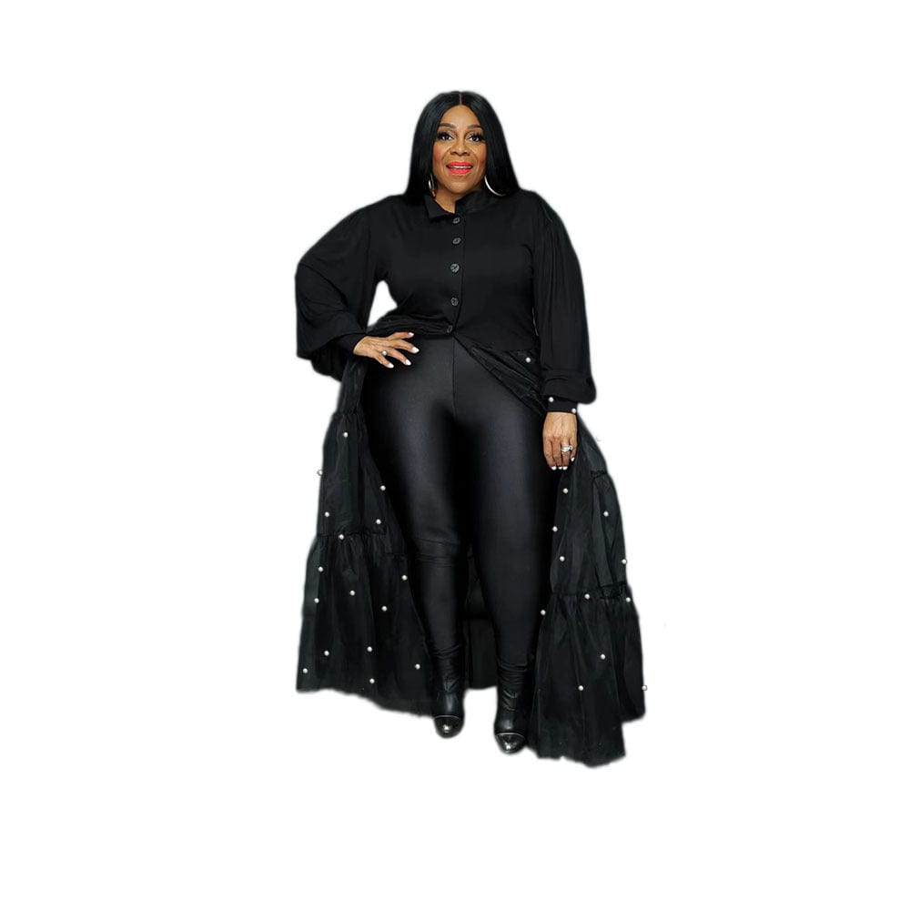 C1102ME20 Wholesale Plus Size Casual Solid Color Sheer Mesh Beaded Shirt Dress Women Sehe Fashion