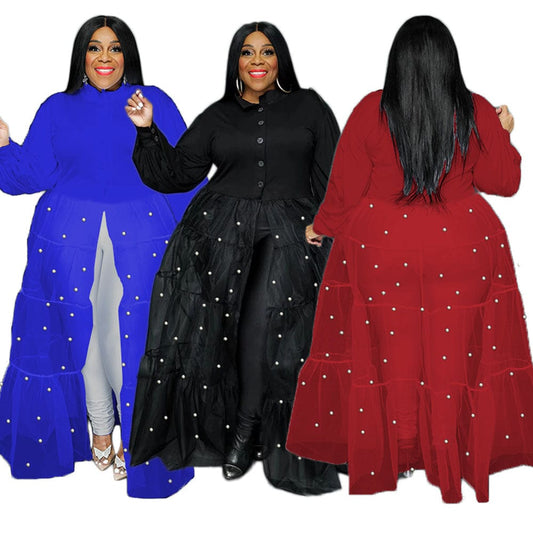 C1102ME20 Wholesale Plus Size Casual Solid Color Sheer Mesh Beaded Shirt Dress Women Sehe Fashion