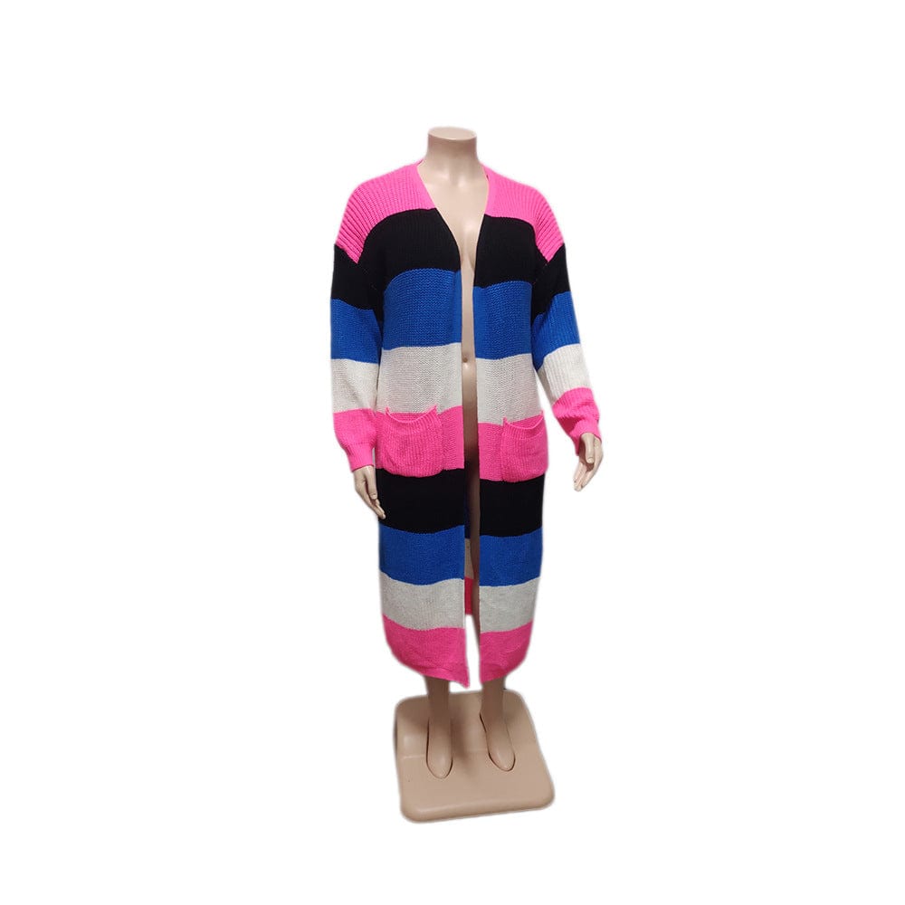 C1102ME25 Wholesale Plus Size Casual Contrast Color Striped Print Long Cardigans Women Sehe Fashion