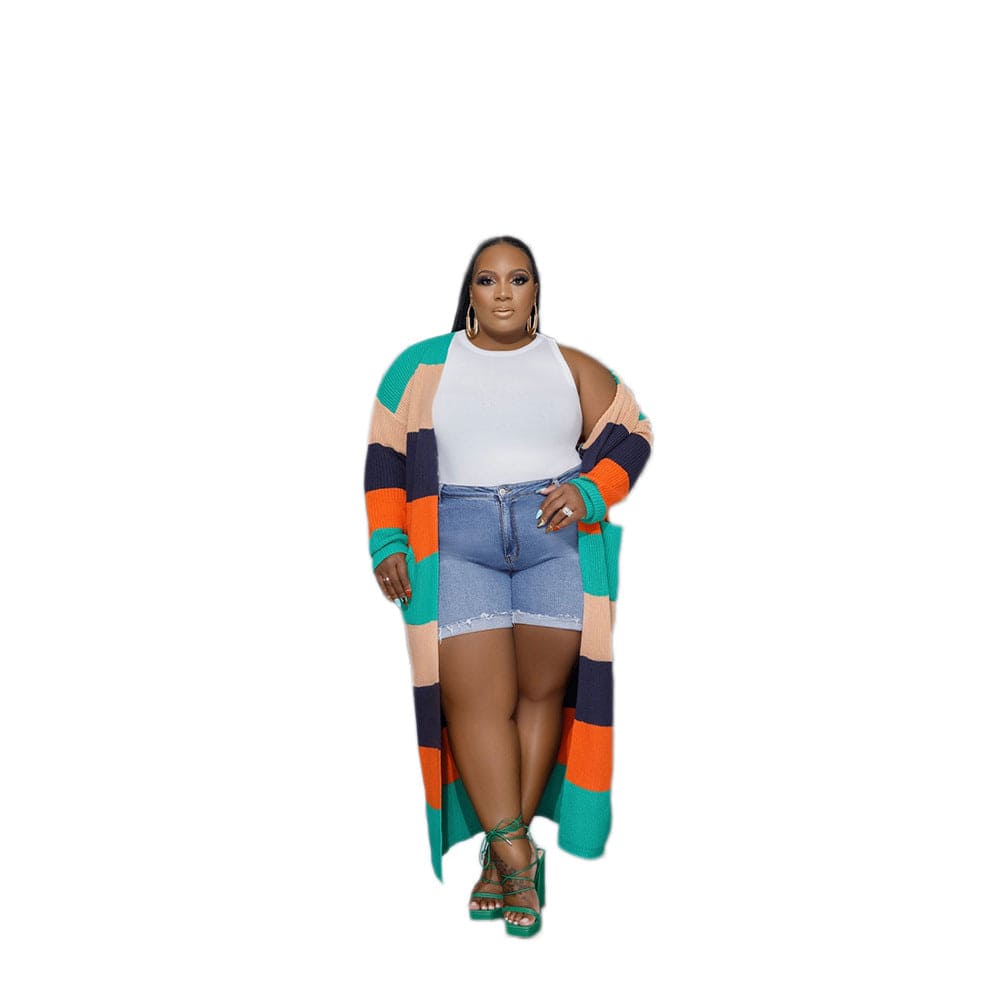 C1102ME25 Wholesale Plus Size Casual Contrast Color Striped Print Long Cardigans Women Sehe Fashion