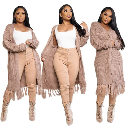 C1102ME28 High Quality Casual Solid Color Tassel Knitted Long Cardigans Women Sehe Fashion