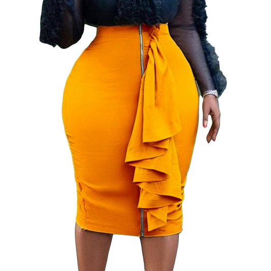 C1102ME68 High Quality Office Solid Color Ruffles Spliced Bodycon Skirt Women Sehe Fashion