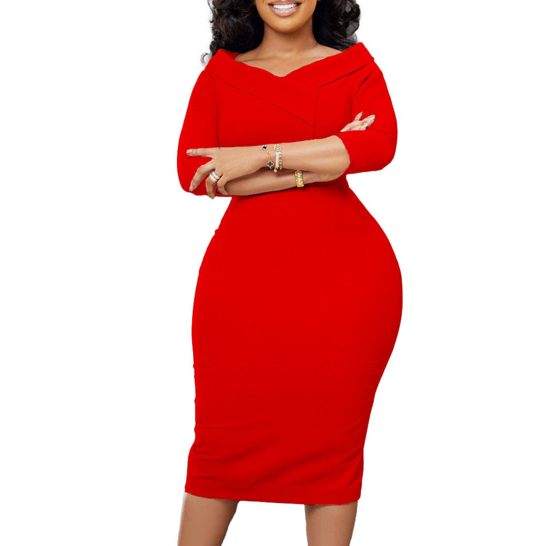 C1102ME70 Office Style Elegant Solid Color V Neck Three Quarter Sleeve Bodycon Dress Women Sehe Fashion