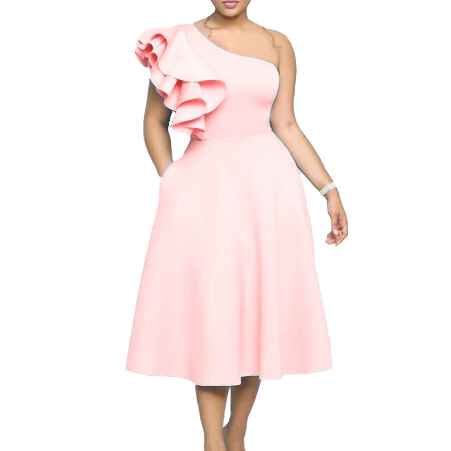 C1102ME72 Dropshipping Elegant One Shoulder Ruffles Solid Color A-Line Dress Women Sehe Fashion