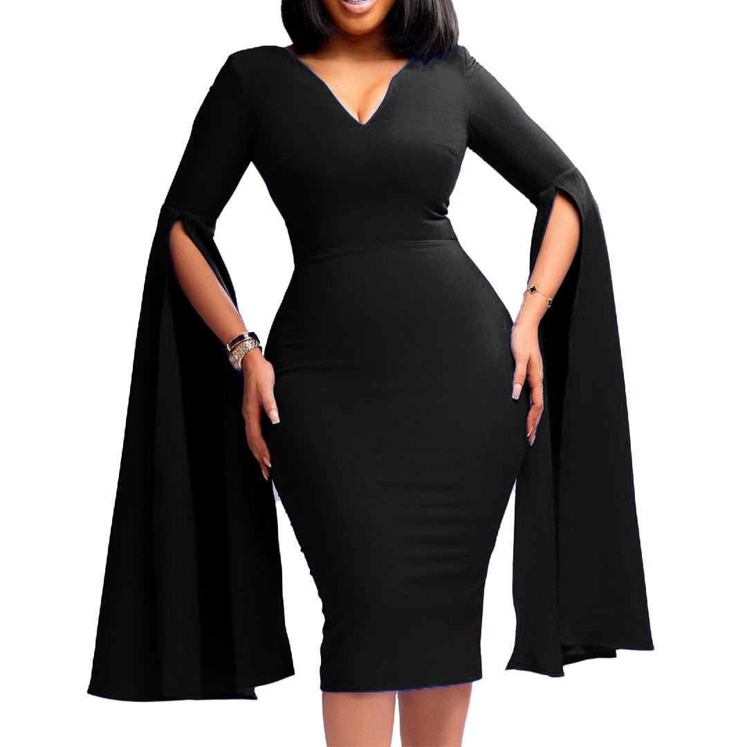 C1102ME73 Stylish Design Office Casual Slit Sleeve Solid Color Bodycon Dress Women Sehe Fashion