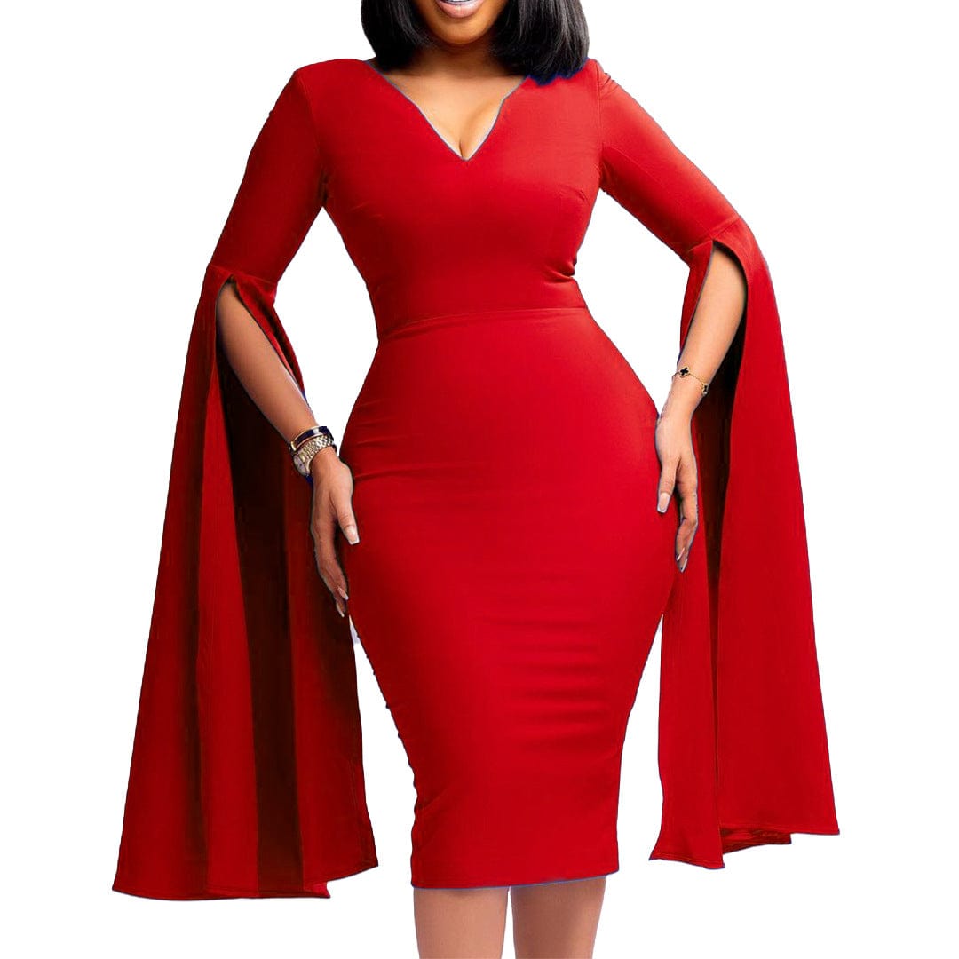 C1102ME73 Stylish Design Office Casual Slit Sleeve Solid Color Bodycon Dress Women Sehe Fashion