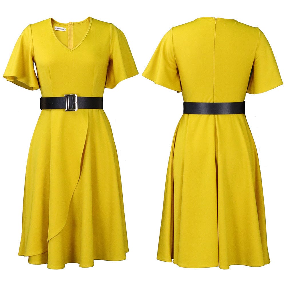 C1102ME77 New Arrival Casual Solid Color Pleated A-Line Dress Women With Belt Sehe Fashion