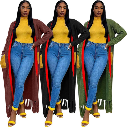 C1102TA37 Dropshipping Casual Solid Color Tassel Long Cardigans For Women Sehe Fashion
