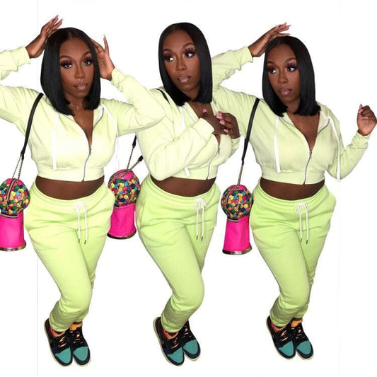 C1102TA39 High Quality Casual Solid Color Hooded Zipper CropTop 2 Piece Pants Set Women Sehe Fashion