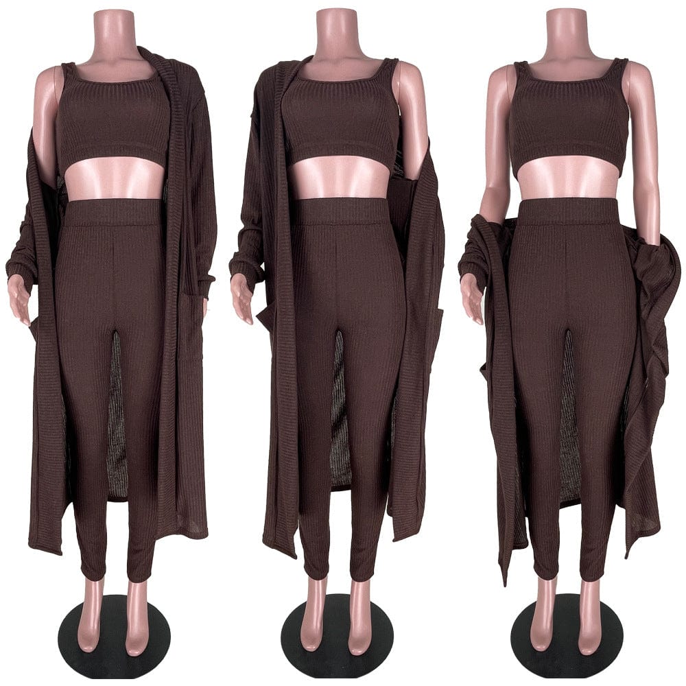 C1102TA4 New Arrival Casual Solid Color Sling Crop Top Long Coat Three Piece Pants Set Women Sehe Fashion