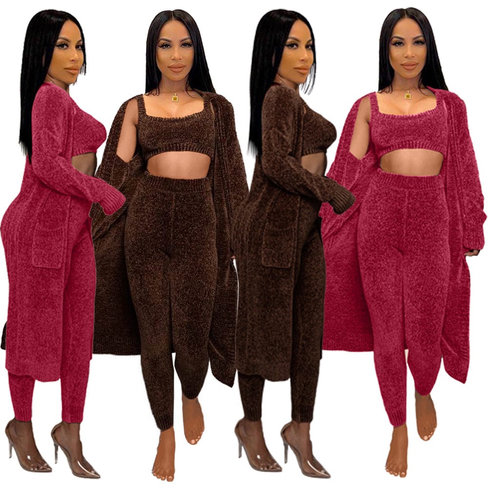 C1102TA4 New Arrival Casual Solid Color Sling Crop Top Long Coat Three Piece Pants Set Women Sehe Fashion