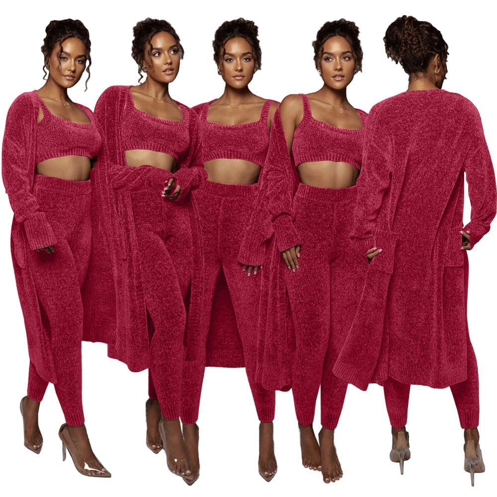 C1102TA4 New Arrival Casual Solid Color Sling Crop Top Long Coat Three Piece Pants Set Women Sehe Fashion