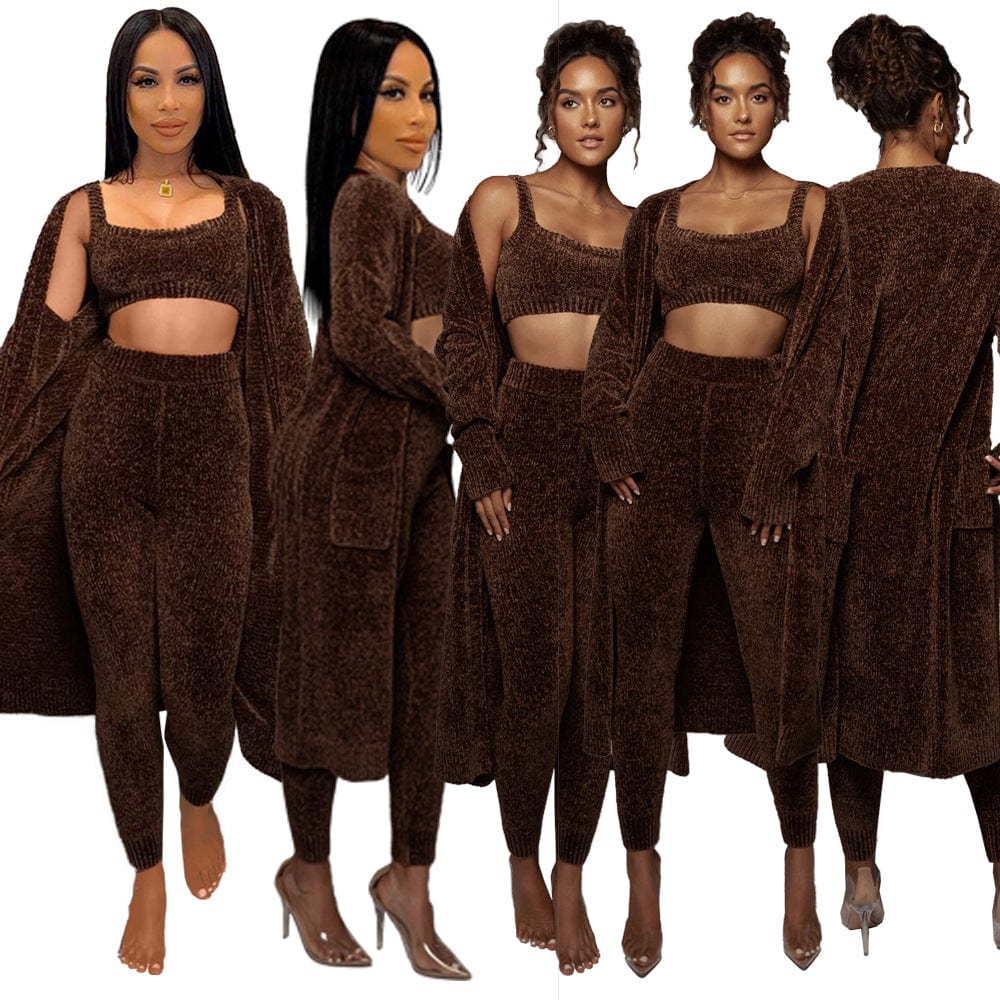C1102TA4 New Arrival Casual Solid Color Sling Crop Top Long Coat Three Piece Pants Set Women Sehe Fashion