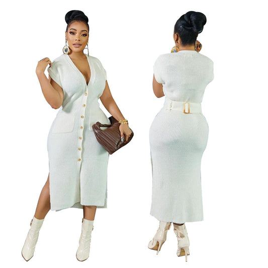 C1102TA62 Summer Trendy Casual Solid Color Knitted Slit Shirt Dress Women With Belt Sehe Fashion