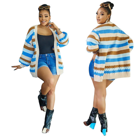 C1102TA63 New Design Casual Contrast Color Striped Print Knitted Cardigans Women Sehe Fashion
