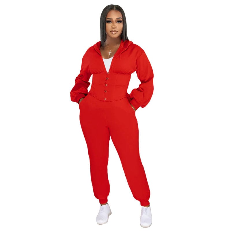 C1102TA81 Autumn Tendy Casual Hooded Solid Color Sport Two Piece Pants Set Women Sehe Fashion