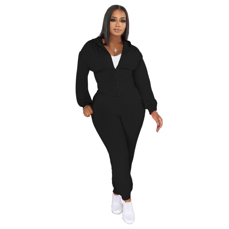 C1102TA81 Autumn Tendy Casual Hooded Solid Color Sport Two Piece Pants Set Women Sehe Fashion