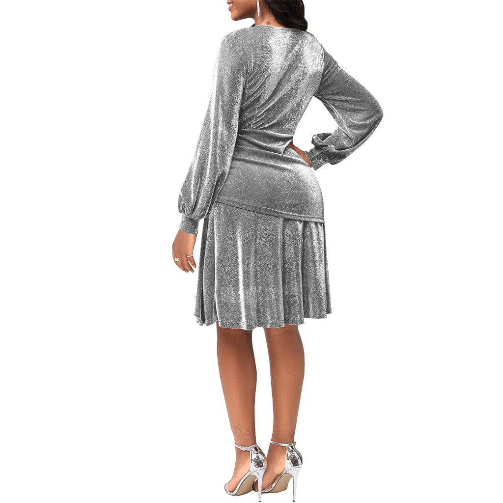 C1103TA21 High Quality Elegant Solid Color V Neck Spliced Pleated Night Dress Women Sehe Fashion