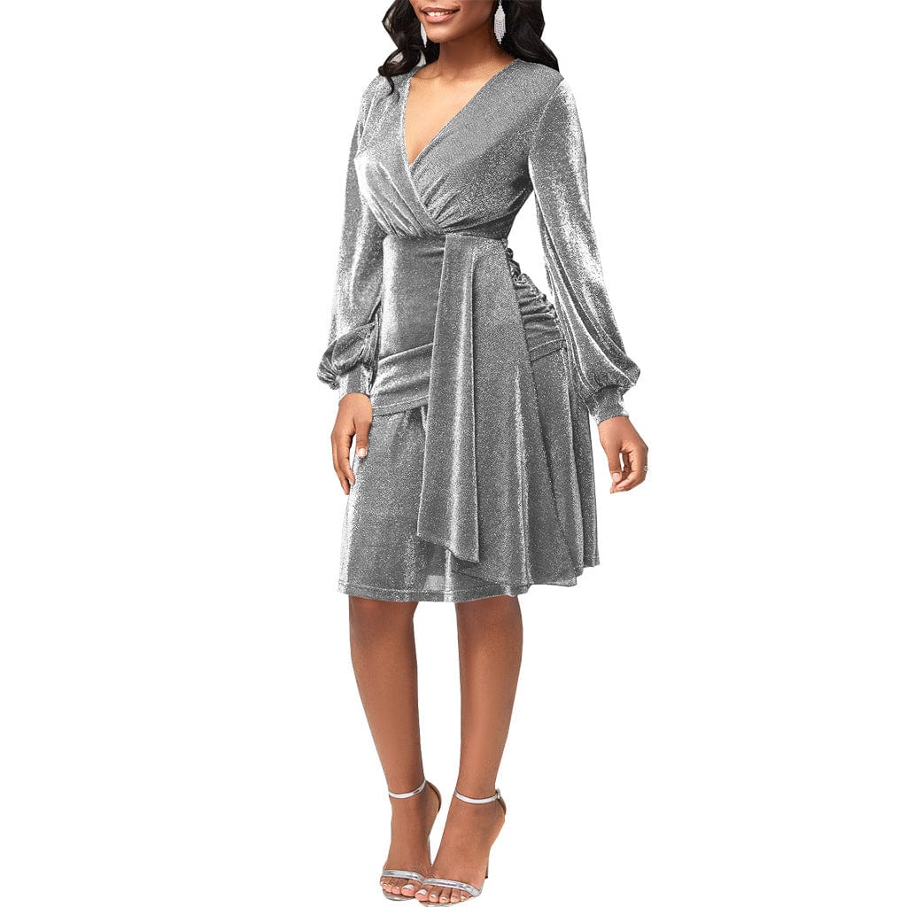 C1103TA21 High Quality Elegant Solid Color V Neck Spliced Pleated Night Dress Women Sehe Fashion