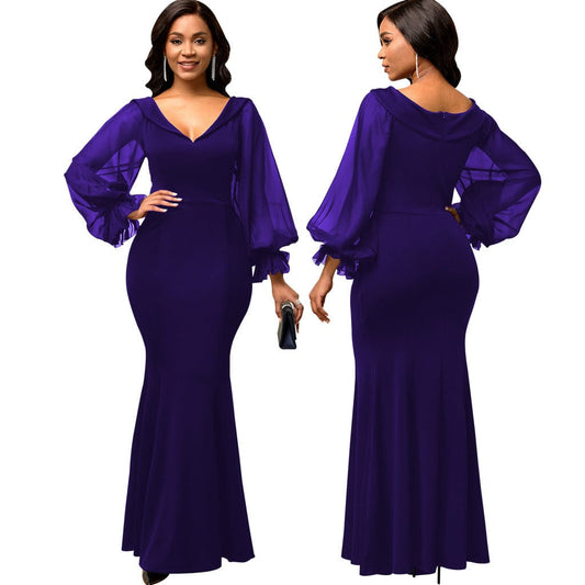 C1103TA22 Dropshipping Elegant Solid Color Sheer Mesh Sleeve Bodycon Ladies Evening Dress Sehe Fashion