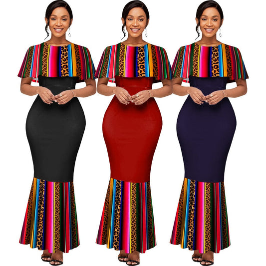 C1103TA27 Amazon Popular Elegant Stack Design Print Fishtails Bodycon Dress Women Sehe Fashion